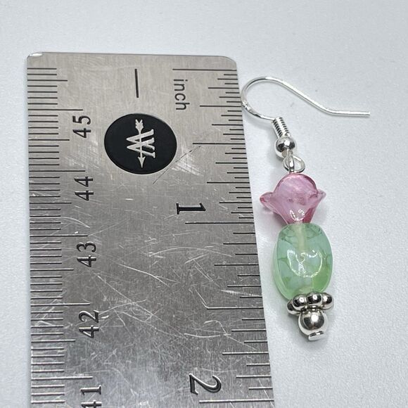 Artisan Boho Pink Green Flower Beaded Silver Tone Dangle Earrings Cute - Picture 6 of 6